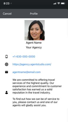 AXUS travel app profile contact information screen